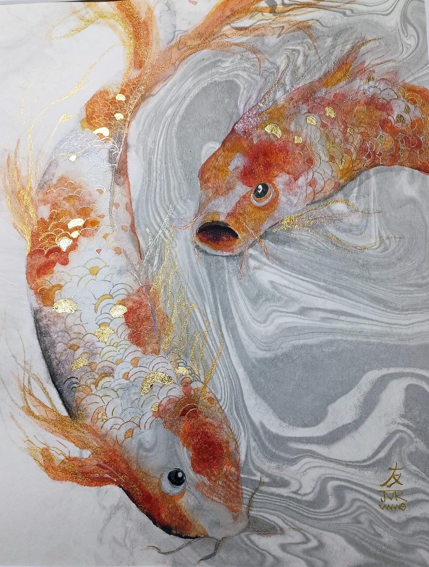 Koi Watercolor card with sticker: Original artwork, gold accent. Suitable for framing. Embossed envelope