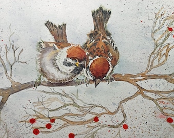 Sparrow Berries Note Cards: Original Watercolor Art, Embossed Envelopes