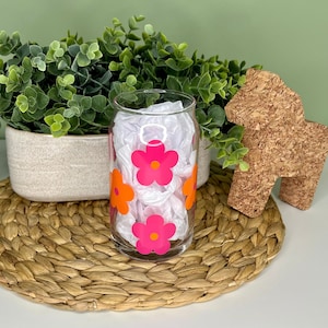 Pink Orange Flower Glass Cup - Aesthetic Coffee Cup - Iced Coffee Glass - Beer Can Glass Cup - 16 oz Glass Cup - Colorful Coffee Glass Cup