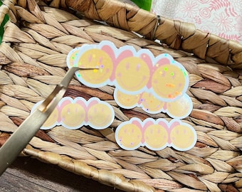 Holographic Smiley Face Sticker with Hearts - Waterproof Glitter Sticker