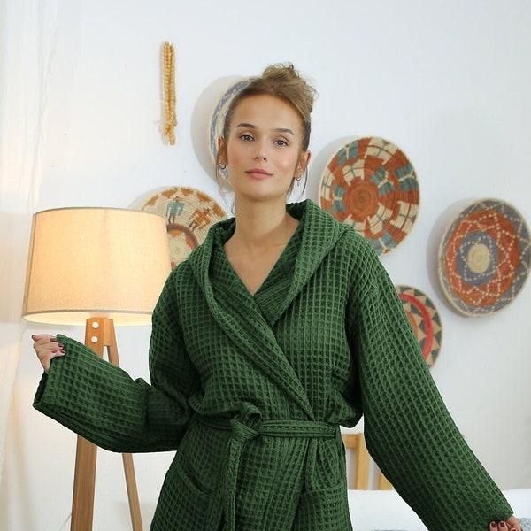 Organic Cotton Unisex Waffle Robe, Pure Cotton Women Bathrobe, Waffle Robe Bridesmaid, %100 Cotton Turkish Handmade Robe