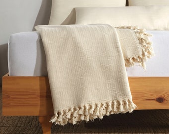 Organic Cotton Cream Throw Blanket: Turkish Boho Bedspread with Fringes