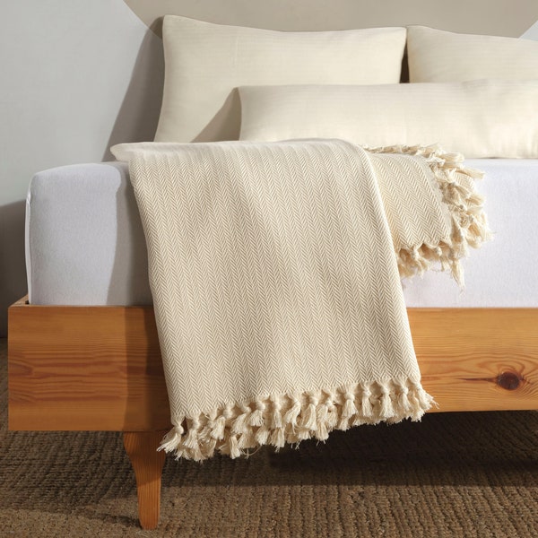 Cream Soft Throw Blanket, Organic Cotton Black White Striped Queen Bedspread, Throw With Fringes, Blankets & Throws