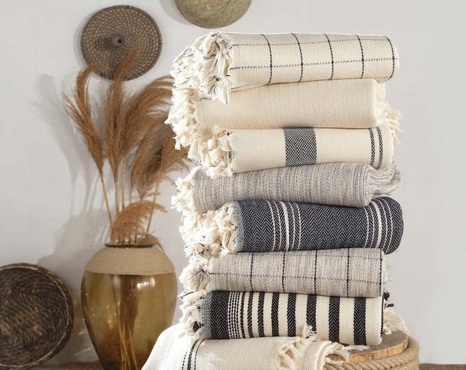 Cream Organic Cotton Turkish Throw Blanket: Plaid Striped Farmhouse Decor