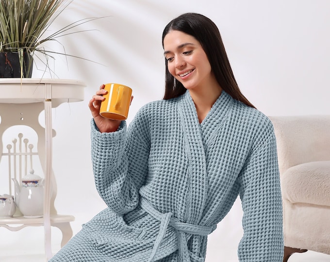 Organic Cotton Unisex Waffle Robe, Pure Cotton Bathrobe, Waffle Robe Bridesmaid, %100 Turkish Handmade Robe