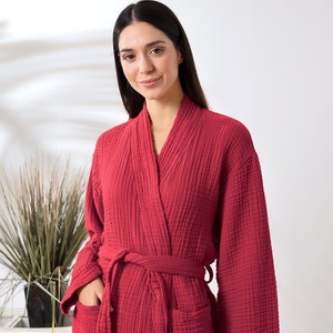 Kimono unisex in mussola a 4 strati, biologico, bordeaux. Accappatoio kimono. Morbido accappatoio in garza assorbente, kimono da spa. Accappatoi per tutte le stagioni.
