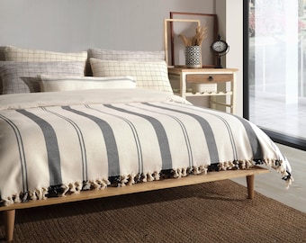 Rustic Striped Cotton Throw Blanket: Farmhouse Sofa Cover