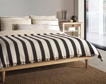 Handwoven Cream and Black Striped Cotton Throw Blanket: Boho Decor