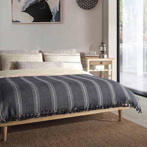 Natural Cotton Bedspread for King Size Boho Style Woven Bed Throws Navy Blue and Cream Soft Cozy Summer Blankets Mother s Day Gifts Etsy