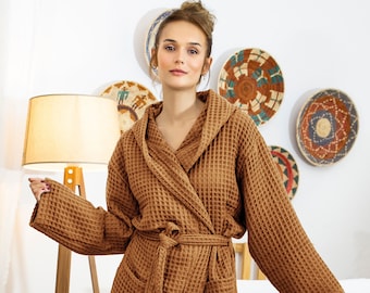 Organic Cotton Waffle Robe: Turkish Handmade Unisex Bathrobe
