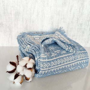 Può includere: Una coperta blu e bianca con motivo a righe e frange sui bordi. La coperta è piegata e in primo piano c'è un batuffolo di cotone.