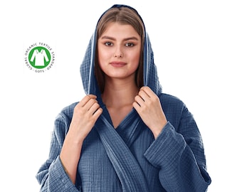 Unisex Bio-4-Schicht-Musselin-Robe mit Kapuze, Baumwoll-Musselin-Robe, Kimono-Robe aus Baumwolle, weiche Roben für Frauen, übergroßes Gaze-Kleid