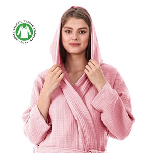 Unisex Organic 4 Layer Gauze Robe, Muslin Bathrobe, Cozy Dressing Gown, Soft and Chic Sauna Robe, Single Color Muslin Robe, Gift for Woman Barbie Pink