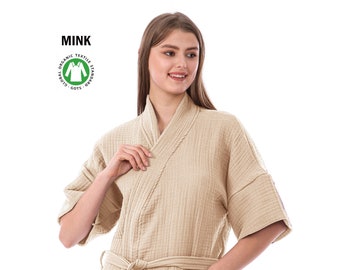 Organic Cotton Mink Color 4 Layer Muslin Kimono, Soft Kimono Robe. Soft Absorbent Gauze Bathrobe, Summer Kimono. Robes for women.