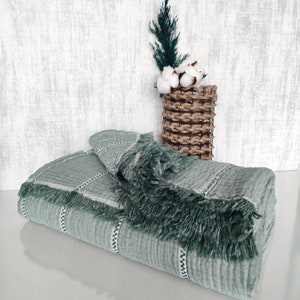 Puede incluir: Una suave manta de color verde claro con un borde de flecos. La manta está doblada y se muestra sobre una superficie blanca. Un pequeño cesto lleno de bolas de algodón está en el fondo.