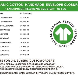 Pode incluir: Tabela de tamanhos para fronhas de algod&atilde;o org&acirc;nico feitas &agrave; m&atilde;o com fecho envelope. Os tamanhos s&atilde;o listados em polegadas para almofadas infantis, padr&atilde;o, queen, king, euro, lombares e corporais. O logotipo GOTS &eacute; vis&iacute;vel.