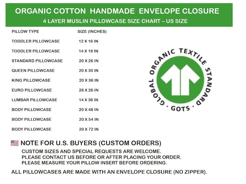Pode incluir: Tabela de tamanhos para fronhas de algod&atilde;o org&acirc;nico feitas &agrave; m&atilde;o com fecho envelope. Os tamanhos s&atilde;o listados em polegadas para almofadas infantis, padr&atilde;o, queen, king, euro, lombares e corporais. O logotipo GOTS &eacute; vis&iacute;vel.