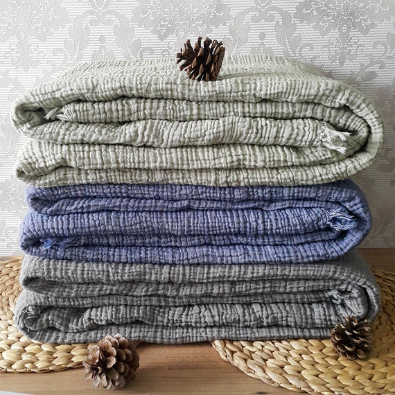 Bio-Baumwolle Musselin-Überwurf 4-lagig – Ultraweich, Atmungsaktiv, Vorgewaschen (Blau/Beige, Queen Kissenbezug)