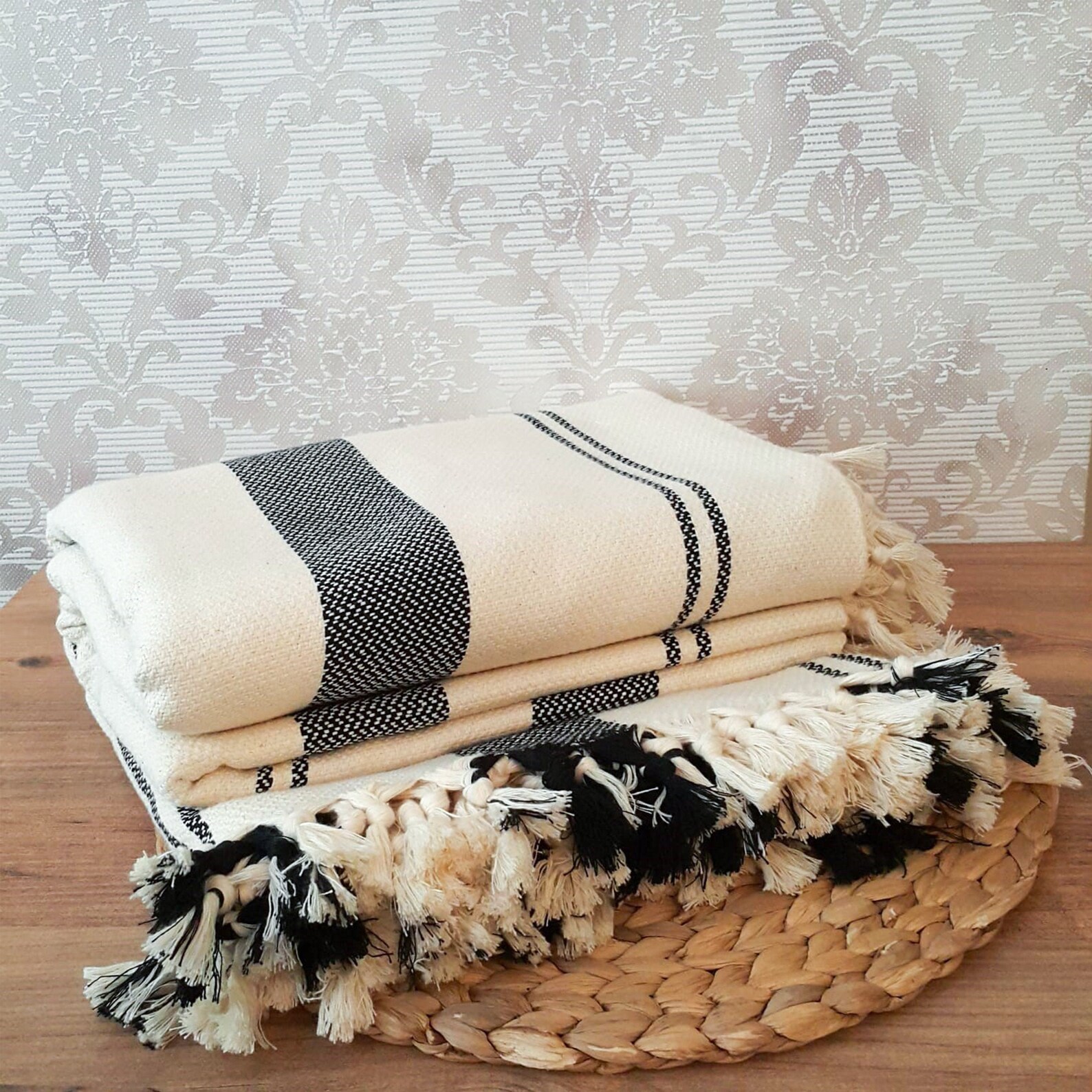Cream Striped Cotton Throw Blanket Woven Blankets Throw Etsy