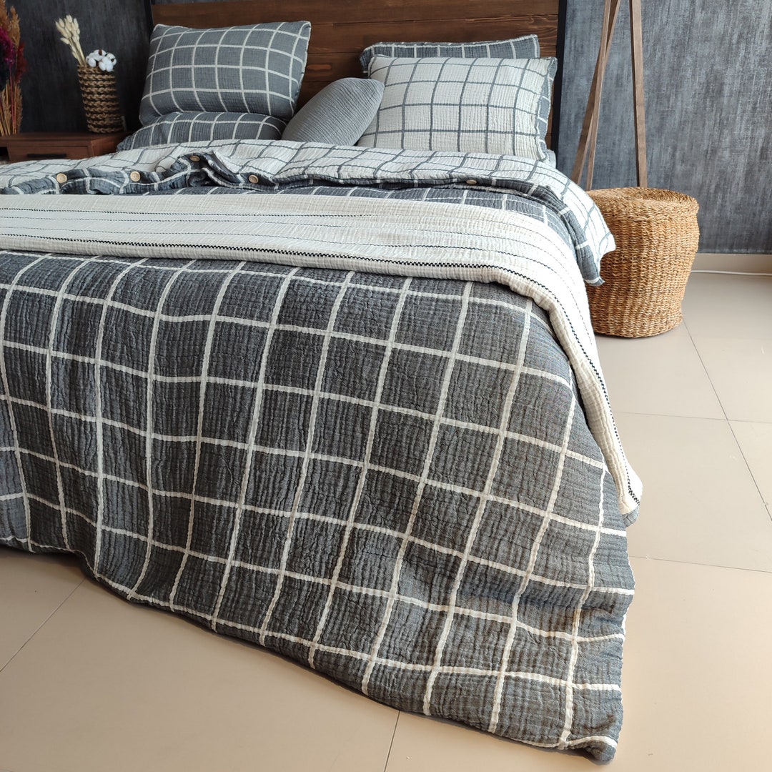 Twosided Organic Muslin Duvet Cover Set,4 Layer Luxury Gauze Duvet