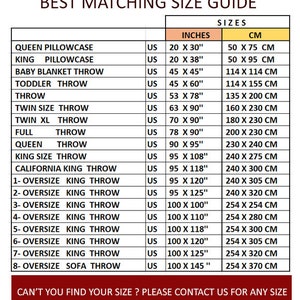 May include: A chart showing the different sizes of throw blankets and pillowcases in inches and centimetres. The chart includes sizes for queen, king, twin, full, and oversized throws. The chart also includes sizes for baby blankets and toddler throws.