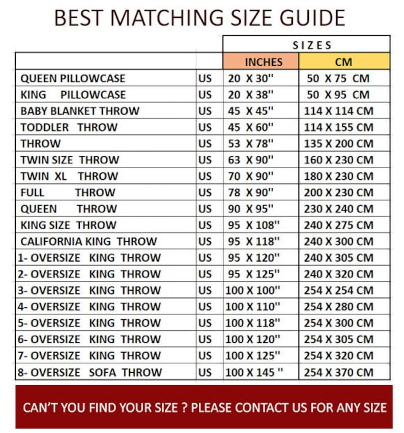 May include: A chart showing the different sizes of throw blankets and pillowcases in inches and centimetres. The chart includes sizes for queen, king, twin, full, and oversized throws. The chart also includes sizes for baby blankets and toddler throws.