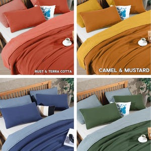 May include: A bedding set with four color combinations: rust and terra cotta, camel and mustard, royal blue and Hawaii blue, and forest green and mint green. Each set includes a duvet cover and pillows, displayed on a bed.