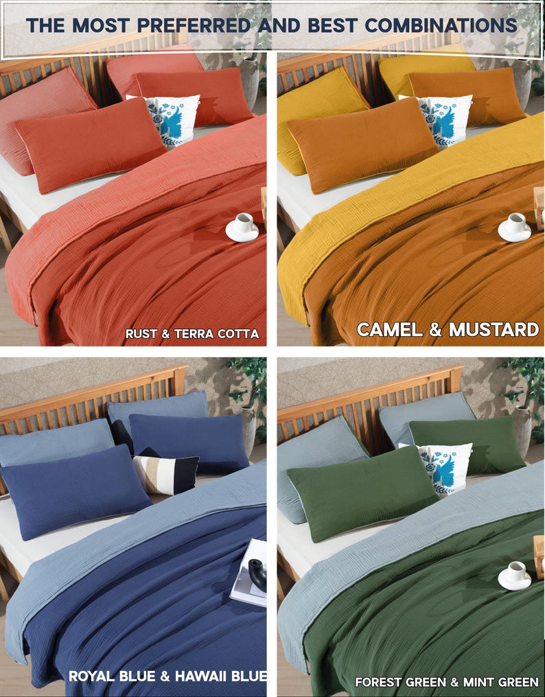 May include: A bedding set with four color combinations: rust and terra cotta, camel and mustard, royal blue and Hawaii blue, and forest green and mint green. Each set includes a duvet cover and pillows, displayed on a bed.