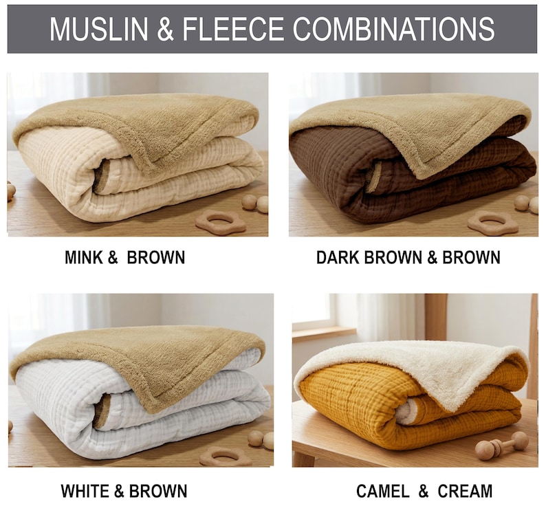 K&ouml;nnte beinhalten: Produktbild mit vier verschiedenen Kombinationen aus Musselin- und Fleece-Decken. Die Farbkombinationen umfassen Mink und Braun, Dunkelbraun und Braun, Wei&szlig; und Braun sowie Kamel und Creme. Der Text "MUSLIN & FLEECE COMBINATIONS" steht oben.