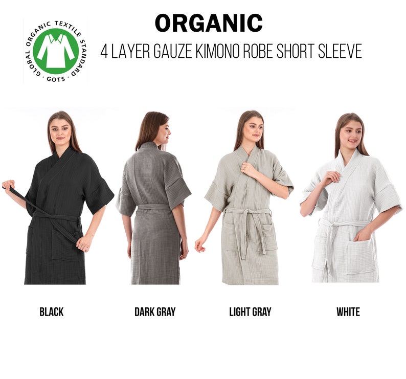 Organic Pure Cotton 4 Layer Gauze Kimono Robe, Muslin Bathrobe, Short & Long Sleeve Kimono, Soft Summer Bathrobe, Adult Kimono Robe image 5