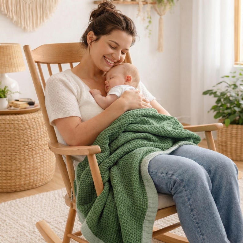 May include: A woman in a white shirt and blue jeans sits in a wooden rocking chair, holding a sleeping baby. A green waffle-weave blanket covers the baby and the woman's lap. The scene is set in a well-lit room.