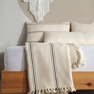 Cream Organic King Bedspread, Turkish Cotton Throw Blanket, Queen Size Bedspread, Plaid Striped Large Throw, Farmhouse Decor Pinstripe