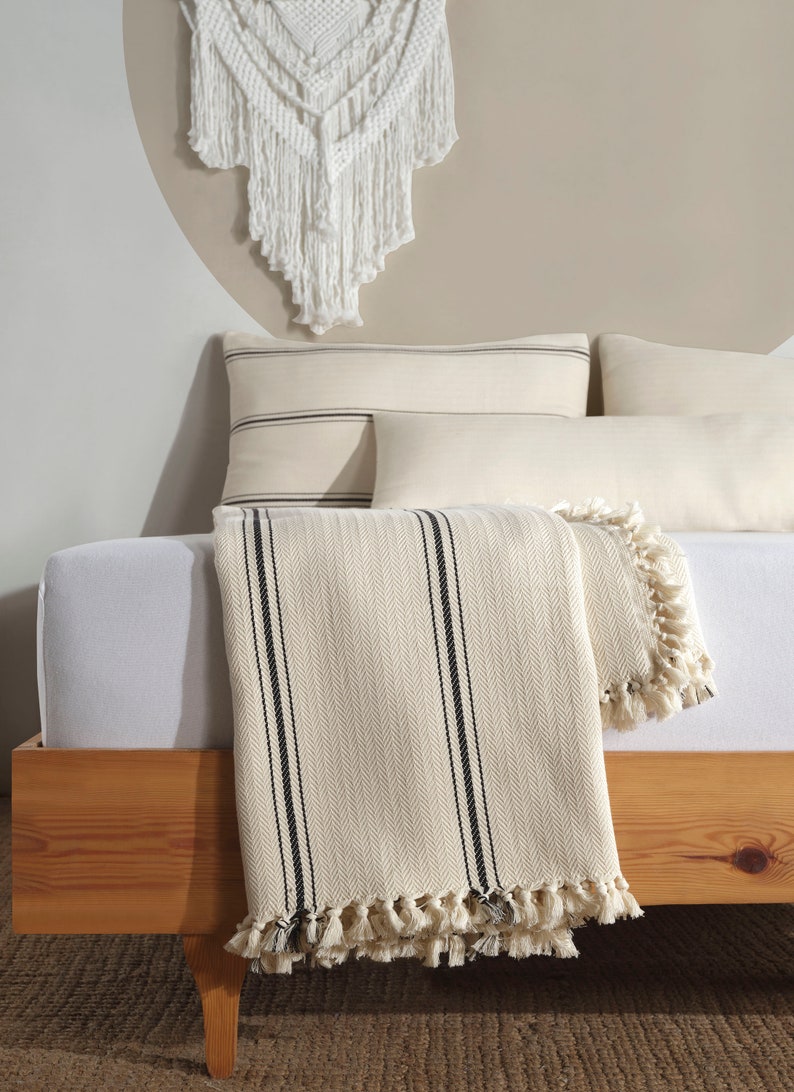 Cream Organic King Bedspread, Turkish Cotton Throw Blanket, Queen Size Bedspread, Plaid Striped Large Throw, Farmhouse Decor image 3