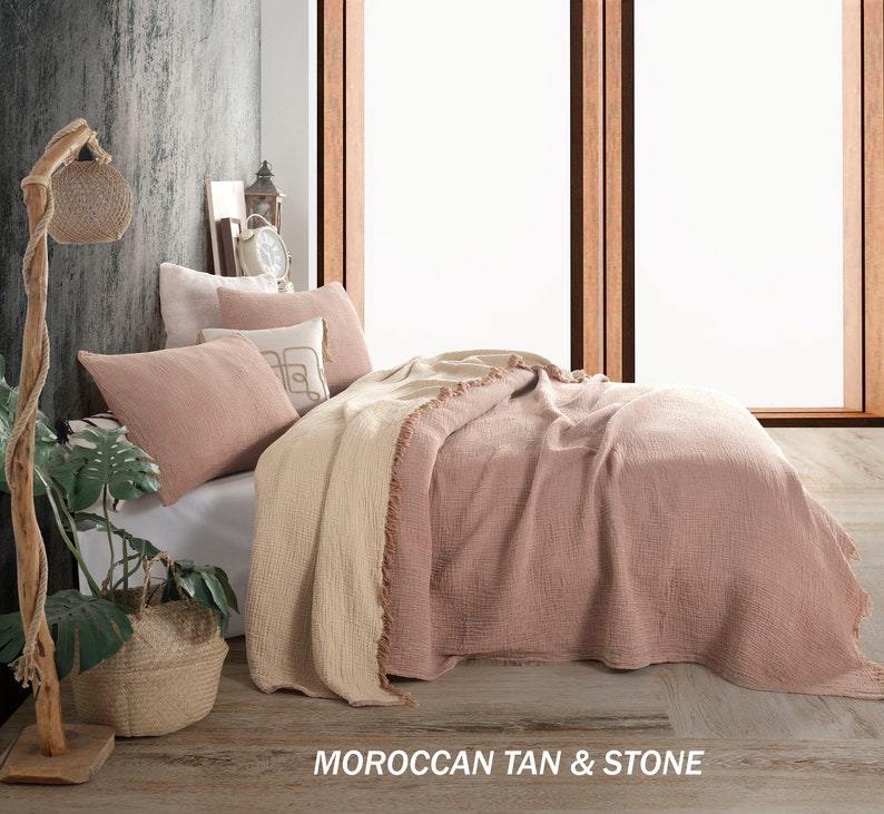 Soft King Zweifarbige, 4-lagige Gaze, Champagner und Beige Farbe, OEKO-TEX-zertifiziert, Decke aus Bio-Baumwolle mit und ohne Fransen Moroccan Tan& Stone