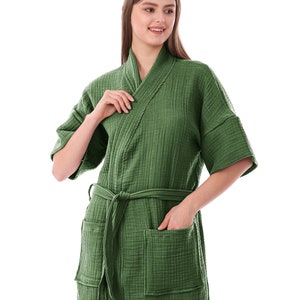 Organic Pure Cotton 4 Layer Gauze Kimono Robe, Muslin Bathrobe, Short & Long Sleeve Kimono, Soft Summer Bathrobe, Adult Kimono Robe image 4