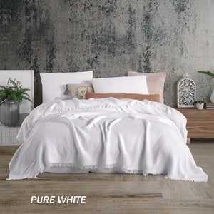 Soft King Zweifarbige, 4-lagige Gaze, Champagner und Beige Farbe, OEKO-TEX-zertifiziert, Decke aus Bio-Baumwolle mit und ohne Fransen Pure White