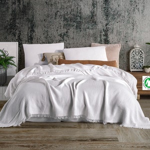 Organic 4 layered  White Gauze Throw, Muslin Bedspread, Soft Bed Cover,Pure Cotton Gauze Throw Blanket,Oversize,King,Queen,Twin and Toddler