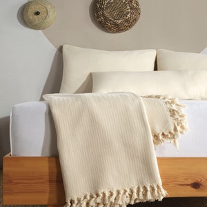 Cream Organic King Bedspread, Turkish Cotton Throw Blanket, Queen Size Bedspread, Plaid Striped Large Throw, Farmhouse Decor image 9
