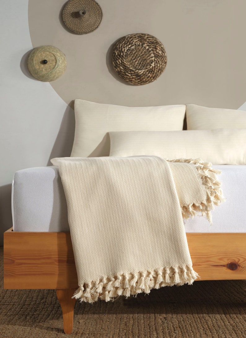 Cream Organic King Bedspread, Turkish Cotton Throw Blanket, Queen Size Bedspread, Plaid Striped Large Throw, Farmhouse Decor image 9