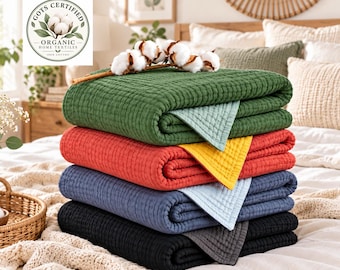 Winter 8 Layer Organic Cotton Muslin Blanket – Dual Color Cozy Gauze Bedspread, Oversized Soft Throw Blanket – Baby to California King