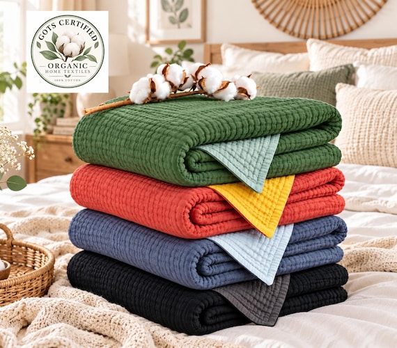 Winterdecke aus 8-lagigem Bio-Baumwoll-Musselin – Kuschelige Tagesdecke aus zweifarbigem Gaze-Gewebe, extraweiche Überwurfdecke – Größen: Baby bis California King