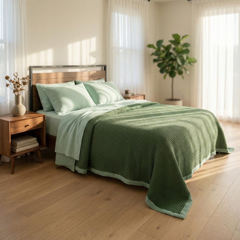 May include: A bed with a wooden headboard and a green waffle-weave blanket. The bed has light green sheets and pillows. A wooden nightstand with a vase of dried flowers and a stack of books sits beside the bed. The room has hardwood floors and sheer white curtains.