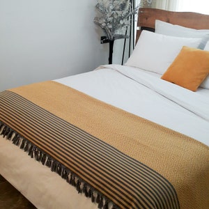Oversized Boho Blanket, Cotton Bed Throw Blanket, Cotton Farmhouse Blanket, Natural Turkish Blanket, Large Bed Cover Mustard