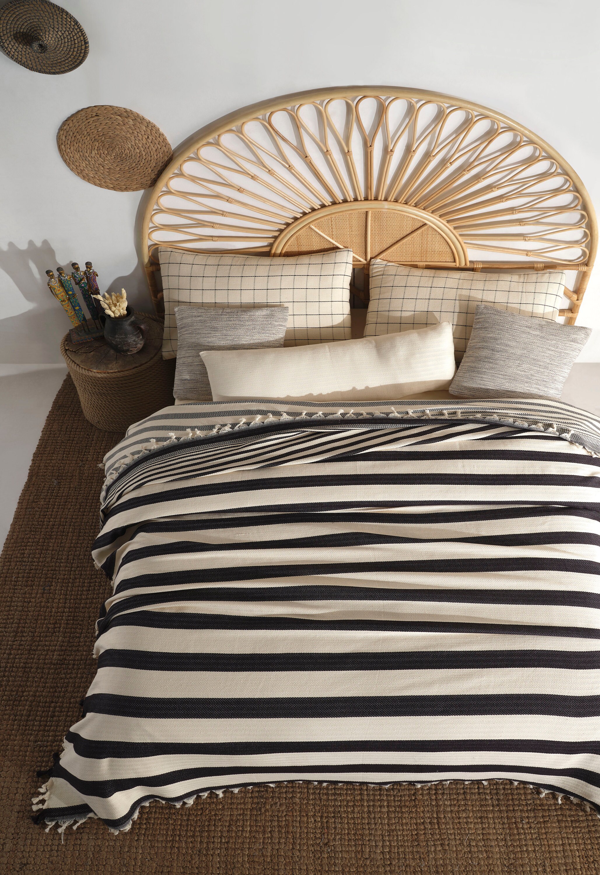 Cotton Throw, Boho Bedspread, Black and Cream Home Decor, Organic Handmade Queen Size Blanket