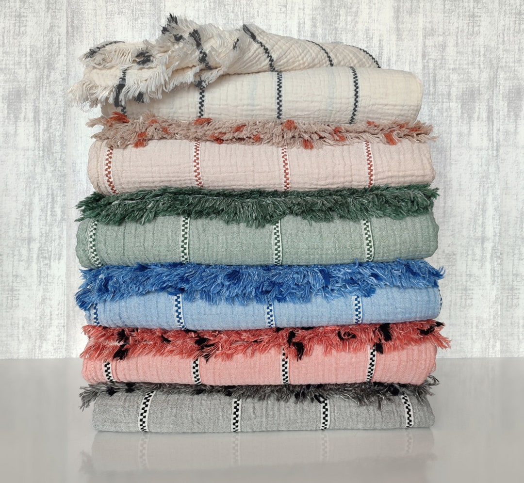 Organic Bohemian Striped 4 Layers Gauze Throw Blanket, Lightweight