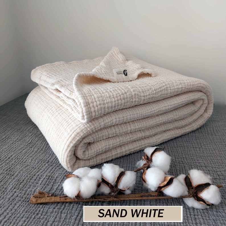 Soft King 4 Layer Gauze Custom Size Muslin Bedcover, OEKO-TEX Certified Bedspread, Organic Cotton Throw Blanket, Twin,Toddler, Baby Blanket Sand White