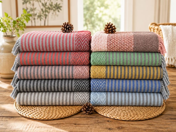 Oversized  Cotton Turkish Bedspread, Handloom Woven Boho Farmhouse Blanket, Lightweight Bed and Sofa Throw