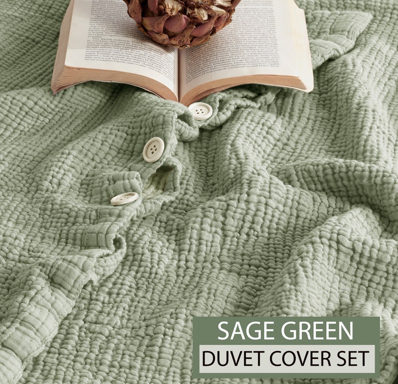 Organic Muslin Duvet Cover Set, Customized 4 Layer Gauze Set, Gauze Duvet Cover, Toddler, Adult Oversize Duvet Cover, Available With Zipper Sage Green