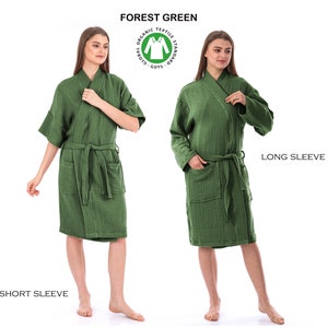 Organic Pure Cotton 4 Layer Gauze Kimono Robe, Muslin Bathrobe, Short & Long Sleeve Kimono, Soft Summer Bathrobe, Adult Kimono Robe Forest Green