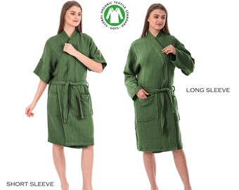 Organic Pure Cotton 4 Layer Gauze Kimono Robe, Muslin Bathrobe, Short & Long Sleeve Kimono, Soft Summer Bathrobe, Adult Kimono Robe